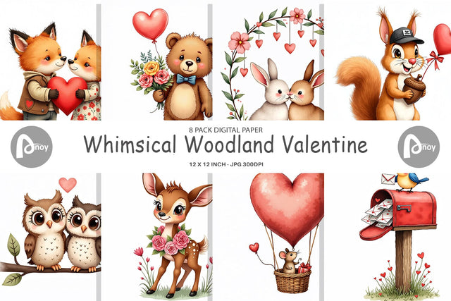 Digital Paper Whimsical Woodland Valentine Watercolor Storybook Digital Pattern artnoy 
