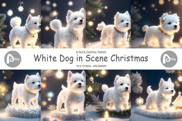 Digital Paper White Dog Scene Christmas Digital Pattern artnoy 