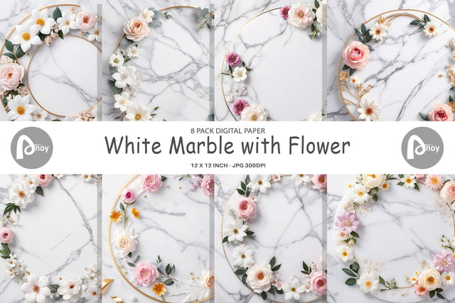 Digital Paper White Marble with Flower Digital Pattern artnoy 
