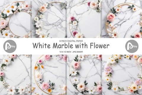 Digital Paper White Marble with Flower Digital Pattern artnoy 