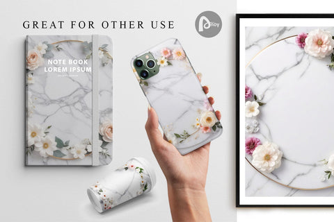 Digital Paper White Marble with Flower Digital Pattern artnoy 