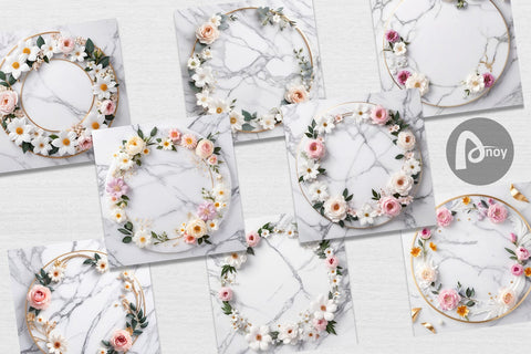 Digital Paper White Marble with Flower Digital Pattern artnoy 