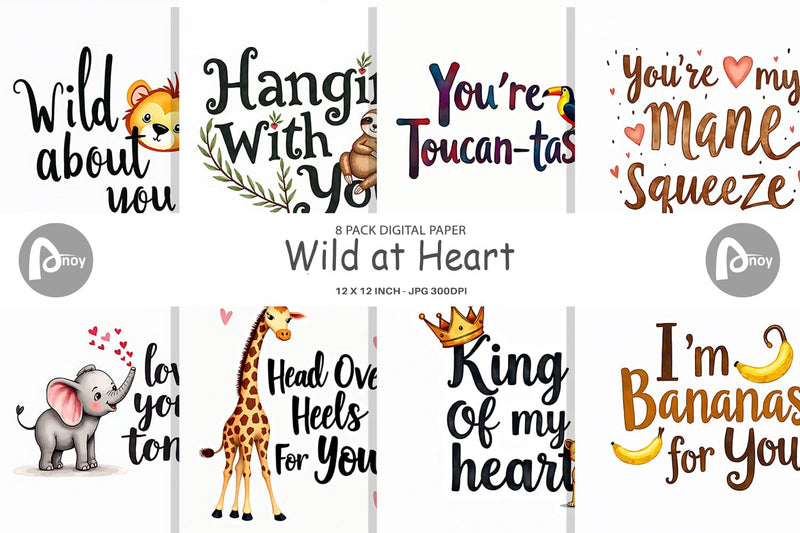 Digital Paper Wild at Heart Jungle Valentine Watercolor Quotes Digital Pattern artnoy 