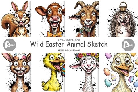 Digital Paper Wild Easter Animal Sketch Sublimation artnoy 