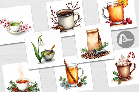 Digital Paper Winter Botanicals & Warm Brews Digital Pattern artnoy 