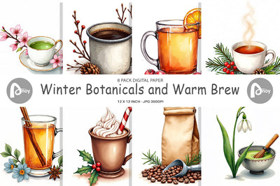 Digital Paper Winter Botanicals & Warm Brews Digital Pattern artnoy 