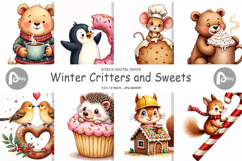 Digital Paper Winter Critters & Sweets Watercolor Digital Pattern artnoy 