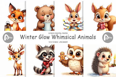 Digital Paper Winter Glow Whimsical Animals Digital Pattern artnoy 