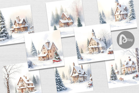 Digital Paper Winter House Watercolor Digital Pattern artnoy 