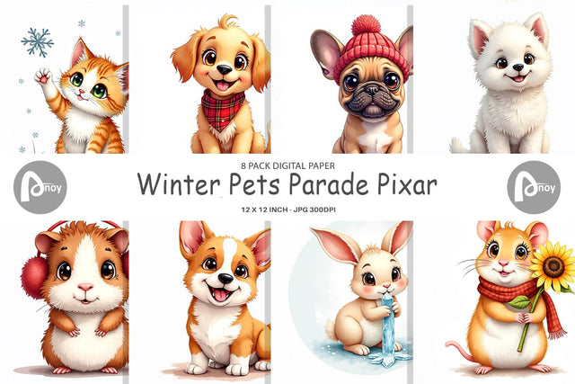 Digital Paper Winter Pets Parade Digital Pattern artnoy 