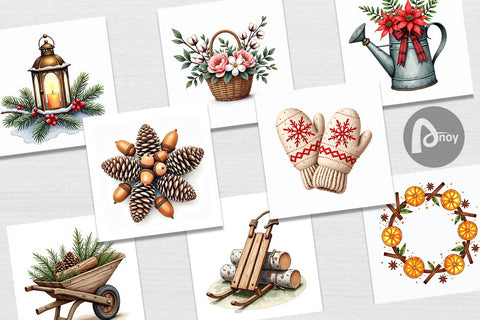 Digital Paper Winter Woodland Farmhouse Elements Watercolor Digital Pattern artnoy 