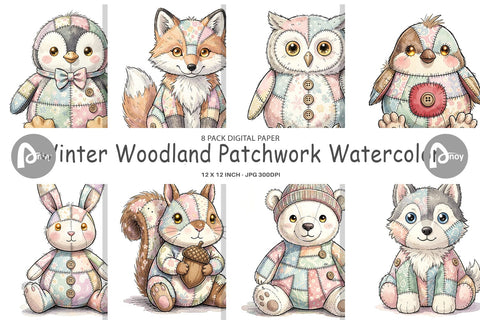 Digital Paper Winter Woodland Patchwork Watercolor Digital Pattern artnoy 