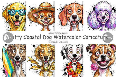 Digital Paper Witty Coastal Dog Watercolor Caricature Digital Pattern artnoy 