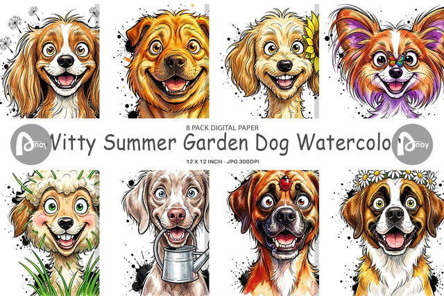 Digital Paper Witty Summer Garden Dog Watercolor Digital Pattern artnoy 