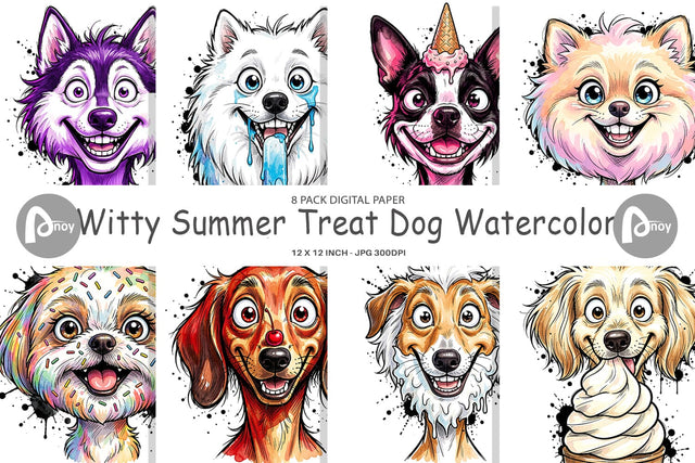 Digital Paper Witty Summer Treat Dog Watercolor Digital Pattern artnoy 