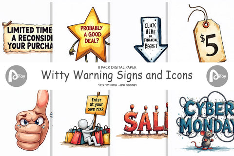 Digital Paper Witty Warning Icons Digital Pattern artnoy 
