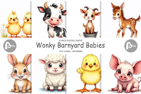 Digital Paper Wonky Barnyard Babies Watercolor Digital Pattern artnoy 