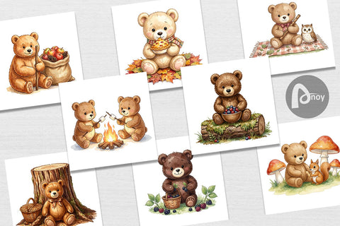 Digital Paper Woodland Forest Teddy Bear Watercolor Digital Pattern artnoy 