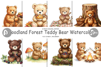 Digital Paper Woodland Forest Teddy Bear Watercolor Digital Pattern artnoy 