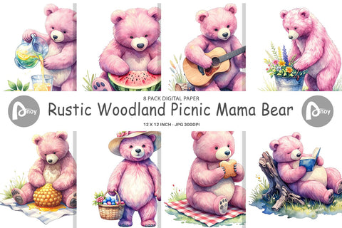 Digital Paper Woodland Mama Bear Watercolor Digital Pattern artnoy 