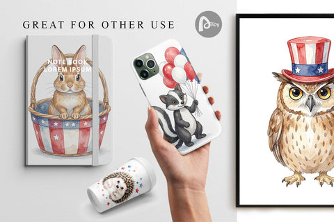 Digital Paper Woodland Patriotic Animals Watercolor Sublimation artnoy 