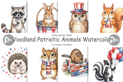 Digital Paper Woodland Patriotic Animals Watercolor Sublimation artnoy 