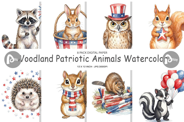 Digital Paper Woodland Patriotic Animals Watercolor Sublimation artnoy 