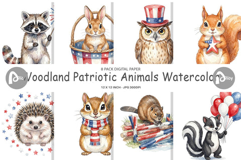 Digital Paper Woodland Patriotic Animals Watercolor Sublimation artnoy 
