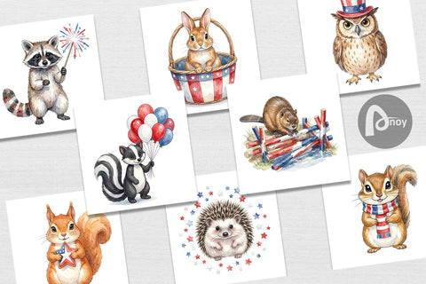 Digital Paper Woodland Patriotic Animals Watercolor Sublimation artnoy 