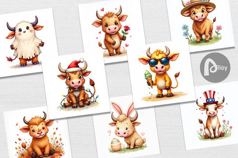 Digital Paper Year-Round UglyCute Highland Cow Seasonal Watercolor Digital Pattern artnoy 