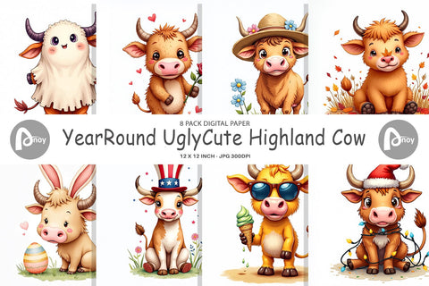 Digital Paper Year-Round UglyCute Highland Cow Seasonal Watercolor Digital Pattern artnoy 