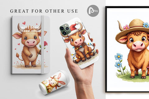 Digital Paper Year-Round UglyCute Highland Cow Seasonal Watercolor Digital Pattern artnoy 