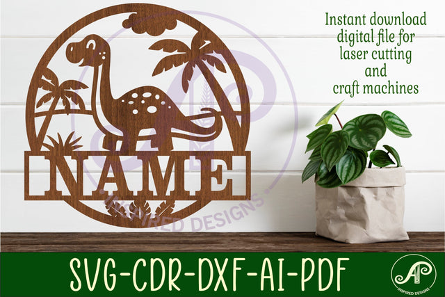 Dino Brontosaurus name sign svg laser cut template SVG APInspireddesigns 