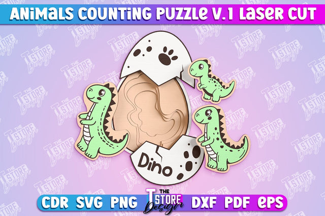 Dino Counting Puzzle Laser Cut | Baby Game Design | Animals Design v.1 SVG The T Store Design 