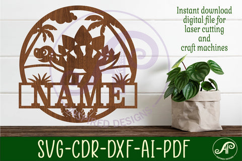 Dino Stegosaurus name sign svg laser cut template SVG APInspireddesigns 