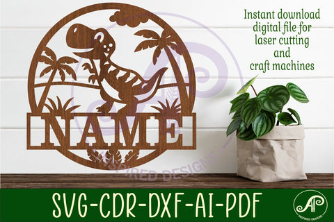 Dino T rex name sign svg laser cut template SVG APInspireddesigns 