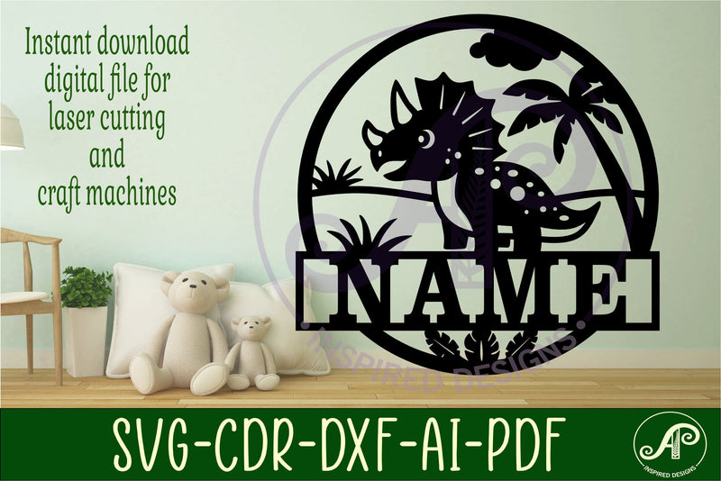 Dino Triceratops name sign svg laser cut template - So Fontsy