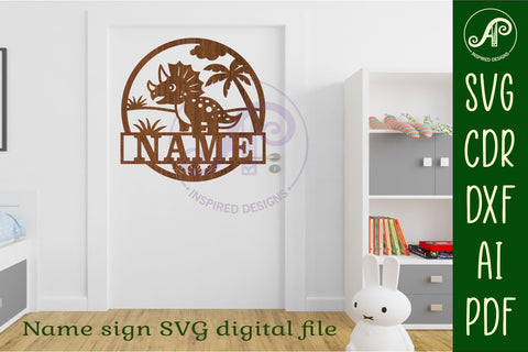 Dino Triceratops name sign svg laser cut template SVG APInspireddesigns 