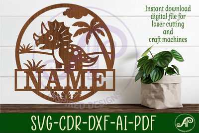 Dino Triceratops name sign svg laser cut template SVG APInspireddesigns 