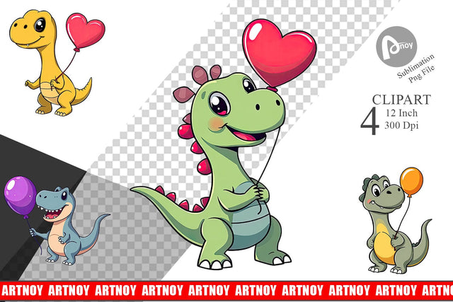 Dino with Balloon Clipart Sublimation artnoy 