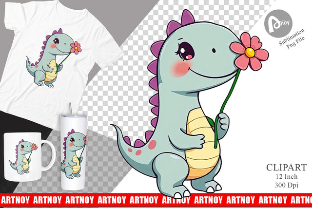 Dino with Flower Clipart Sublimation artnoy 