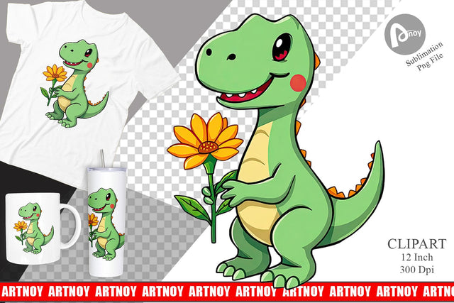 Dino with Flower Clipart Sublimation artnoy 
