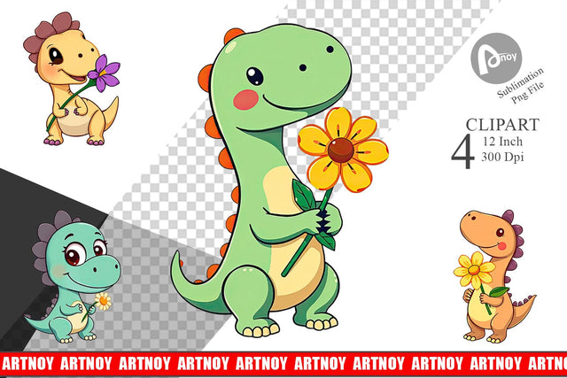 Dino with Flower Clipart Sublimation artnoy 