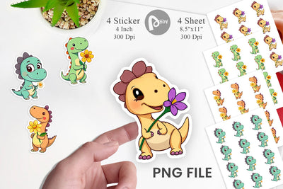 Dino with Flower Sticker Sublimation artnoy 