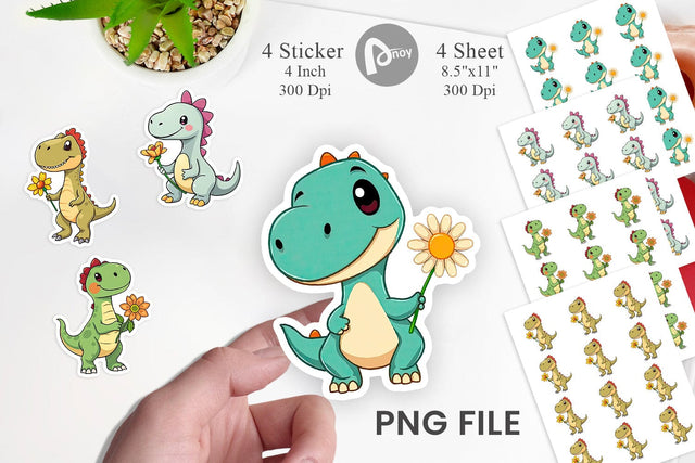 Dino with Flower Sticker Sublimation artnoy 