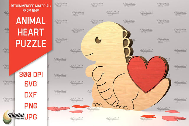 Dino Wooden Puzzle Laser Cut. Animal Heart Puzzle SVG SVG Evgenyia Guschina 