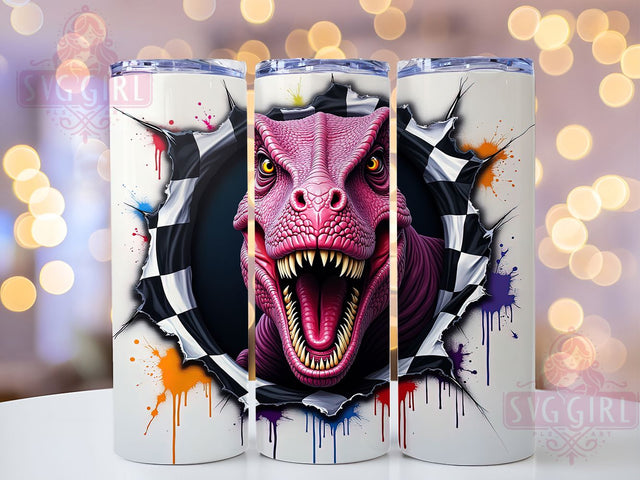 Dinosaur 3D Hole in Wall Tumbler, Checkered T-Rex Wrap, 20oz Tumbler Sublimation, 3D Jurassic Breakthrough Design, Racing Dino Tumbler, Cracked Wall Dinosaur Art, Prehistoric Checkered Wrap Sublimation SvggirlplusArt 