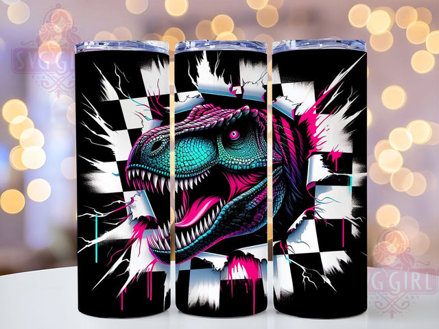 Dinosaur 3D Hole in Wall Tumbler, Checkered T-Rex Wrap, 20oz Tumbler Sublimation, 3D Jurassic Breakthrough Design, Racing Dino Tumbler, Cracked Wall Dinosaur Art, Prehistoric Checkered Wrap Sublimation SvggirlplusArt 