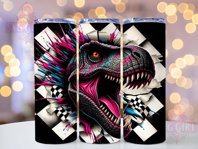 Dinosaur 3D Hole in Wall Tumbler, Checkered T-Rex Wrap, 20oz Tumbler Sublimation, 3D Jurassic Breakthrough Design, Racing Dino Tumbler, Cracked Wall Dinosaur Art, Prehistoric Checkered Wrap Sublimation SvggirlplusArt 