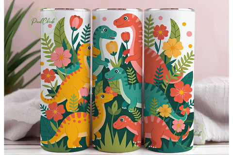 Dinosaur Floral 20oz Tumbler Wrap Sublimation PixelChick 